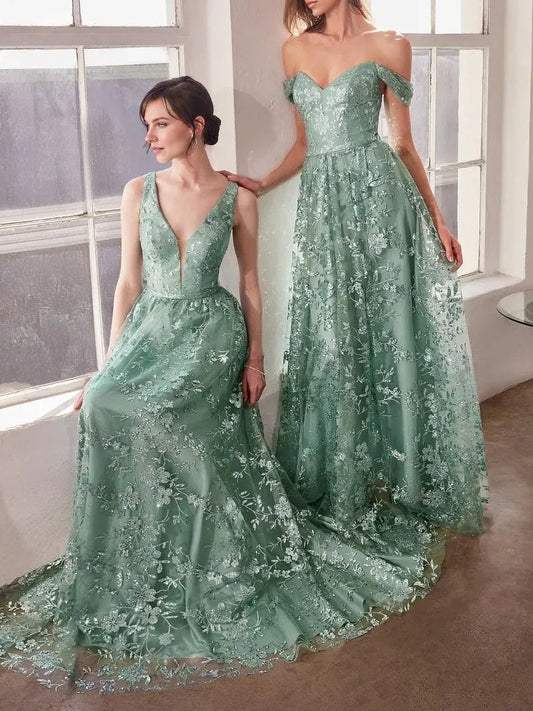 Floral V-neck A-line formal dress in dusty sage green with off-shoulder styling