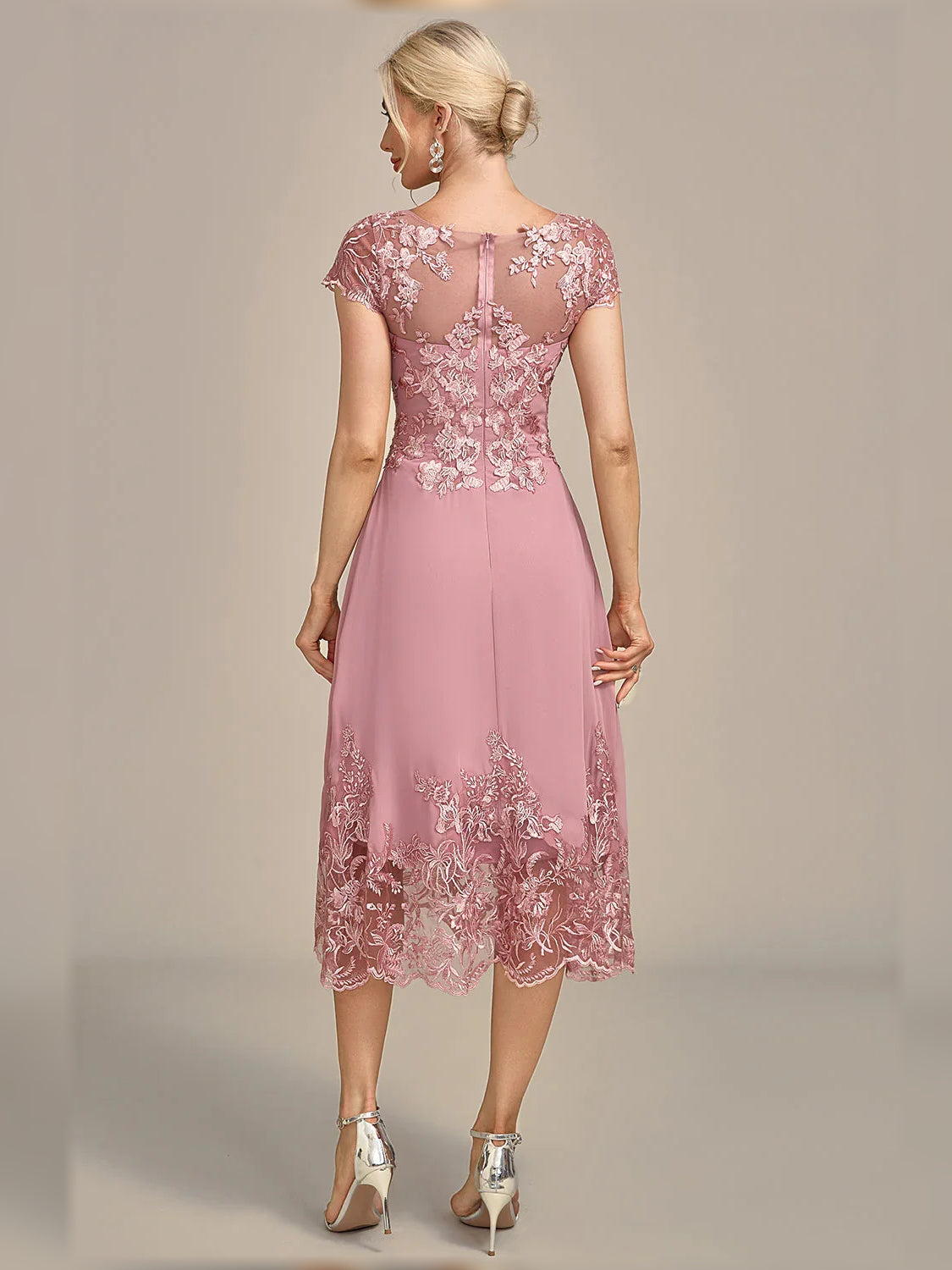 Dusty rose chiffon A-line knee dress with floral lace back and cap sleeves