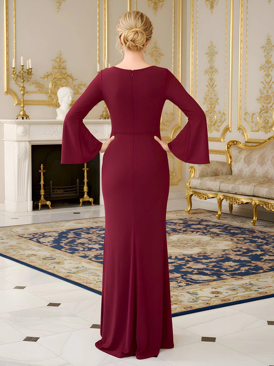 Back view burgundy ruched V-neck mermaid floor-length dress with flared sleeves