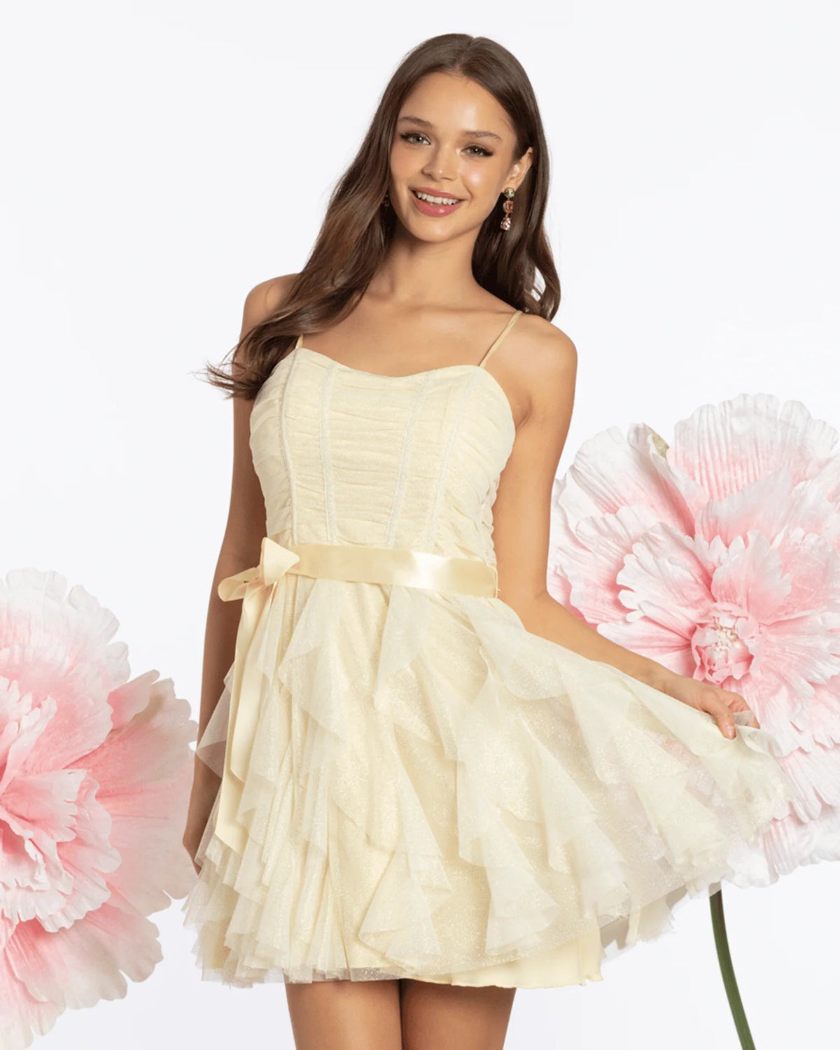 Butter fit-and-flare mini homecoming dress with spaghetti straps, ruffled skirt, waist bow