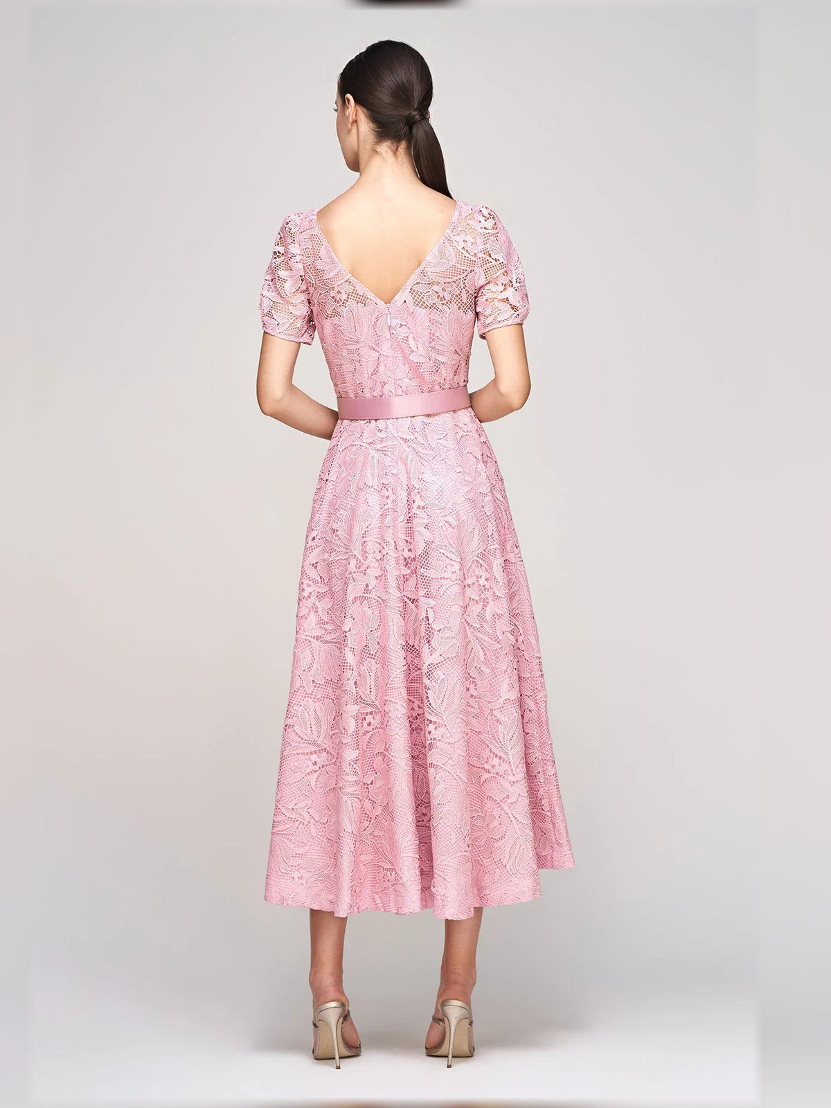 Pink floral lace A-line tea-length dress with short puff sleeves and low scoop back
