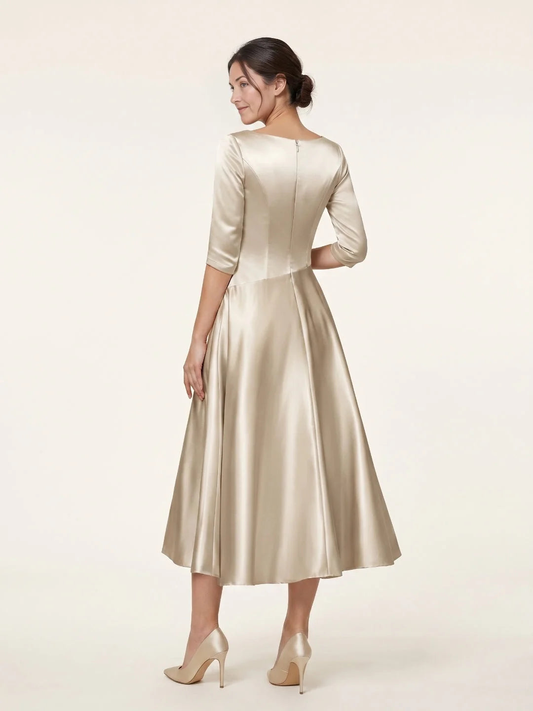 Ivory satin A-line midi dress with V-back, 3/4 sleeves, gathered pleated skirt