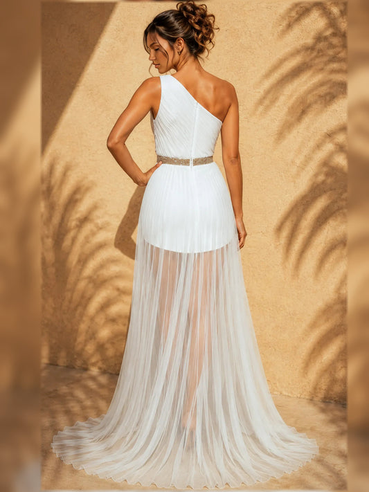 White one-shoulder backless mini formal dress with beaded waist and flowing chiffon tiers