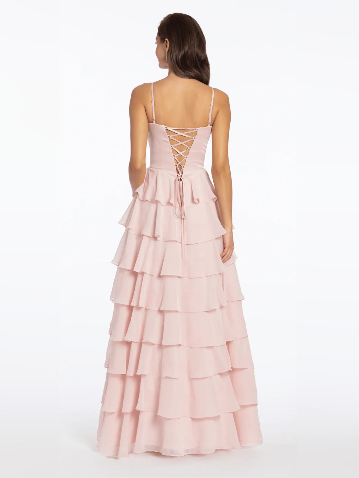 Light pink satin A-line prom dress back view with crisscross lace-up, tiered ruffles.