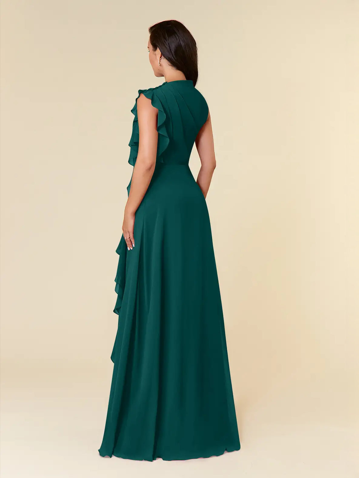 Teal back view draped ruffle high-neck A-line maxi chiffon bridesmaid dress