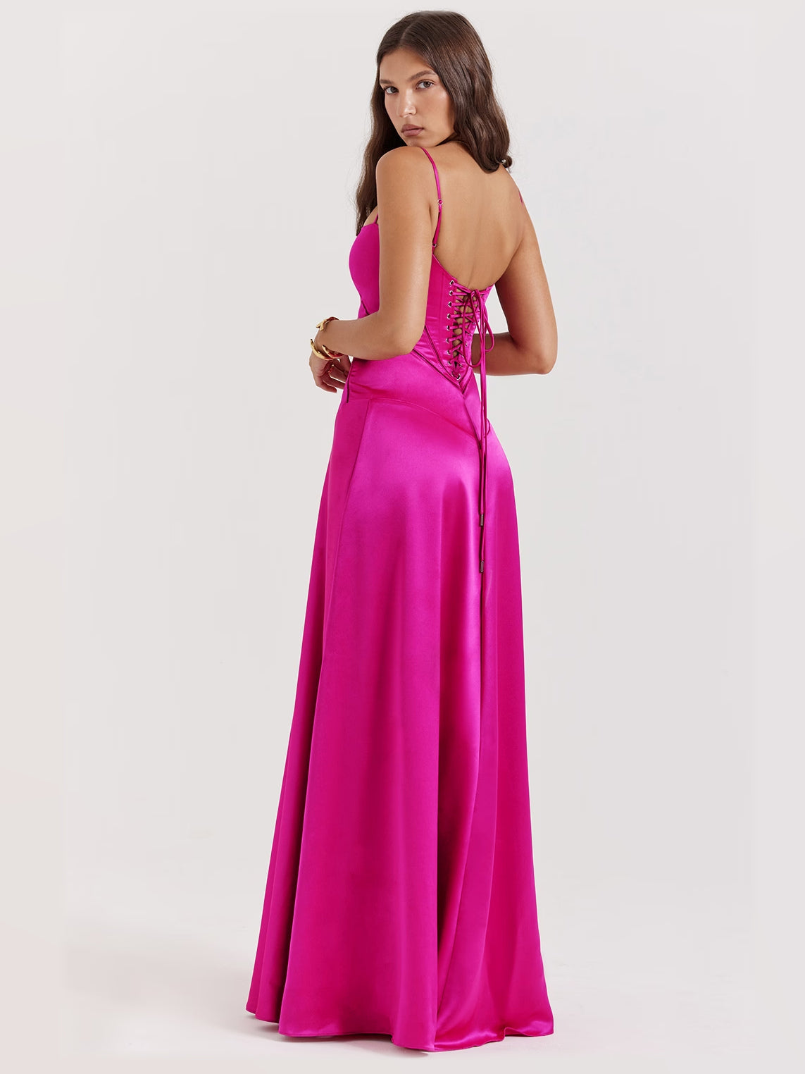 Fuchsia maxi formal dress, back full-length view showing the bodice