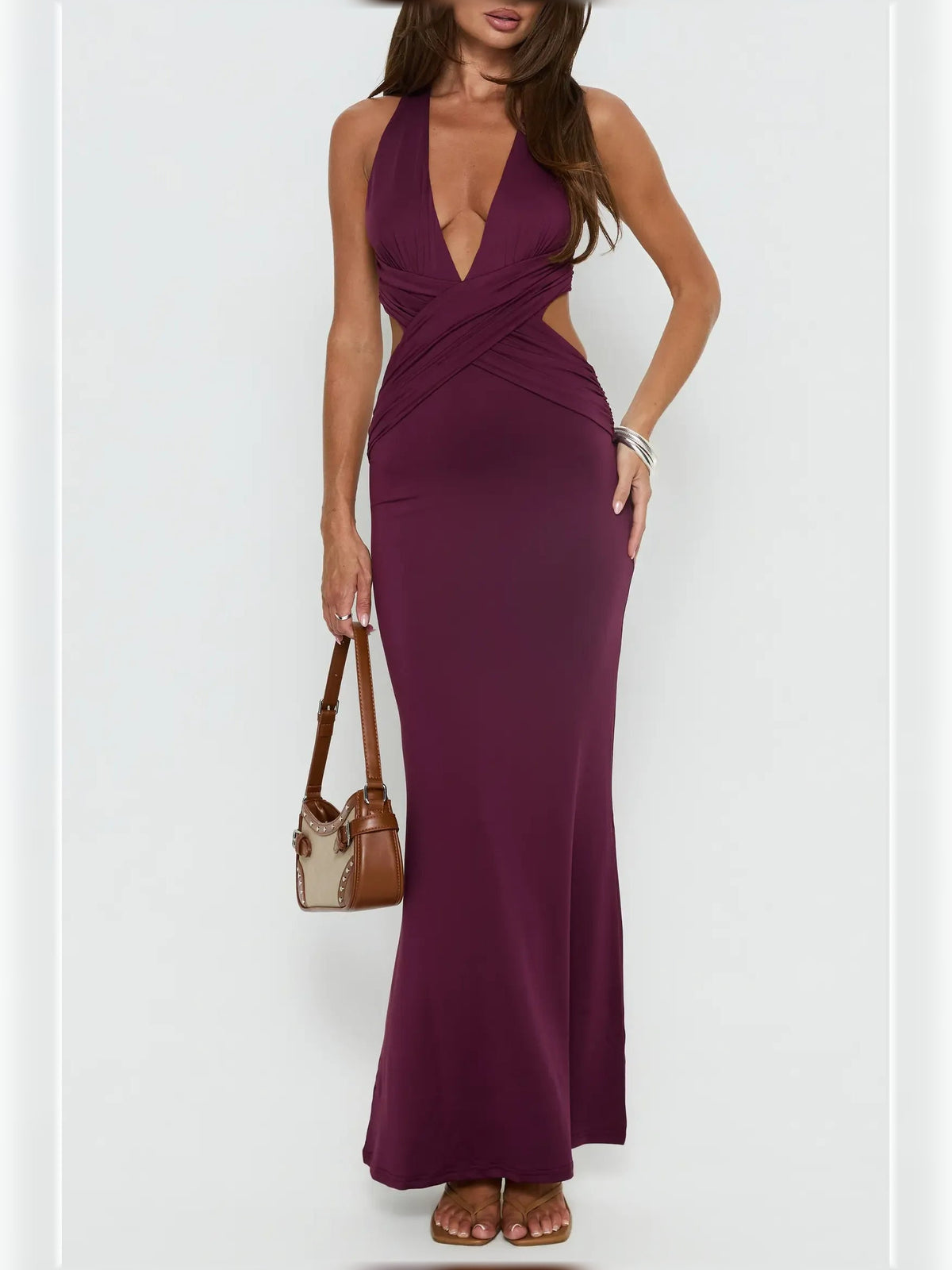 Purple halter neck formal dress with V neck and diagonal ruching, floor-length