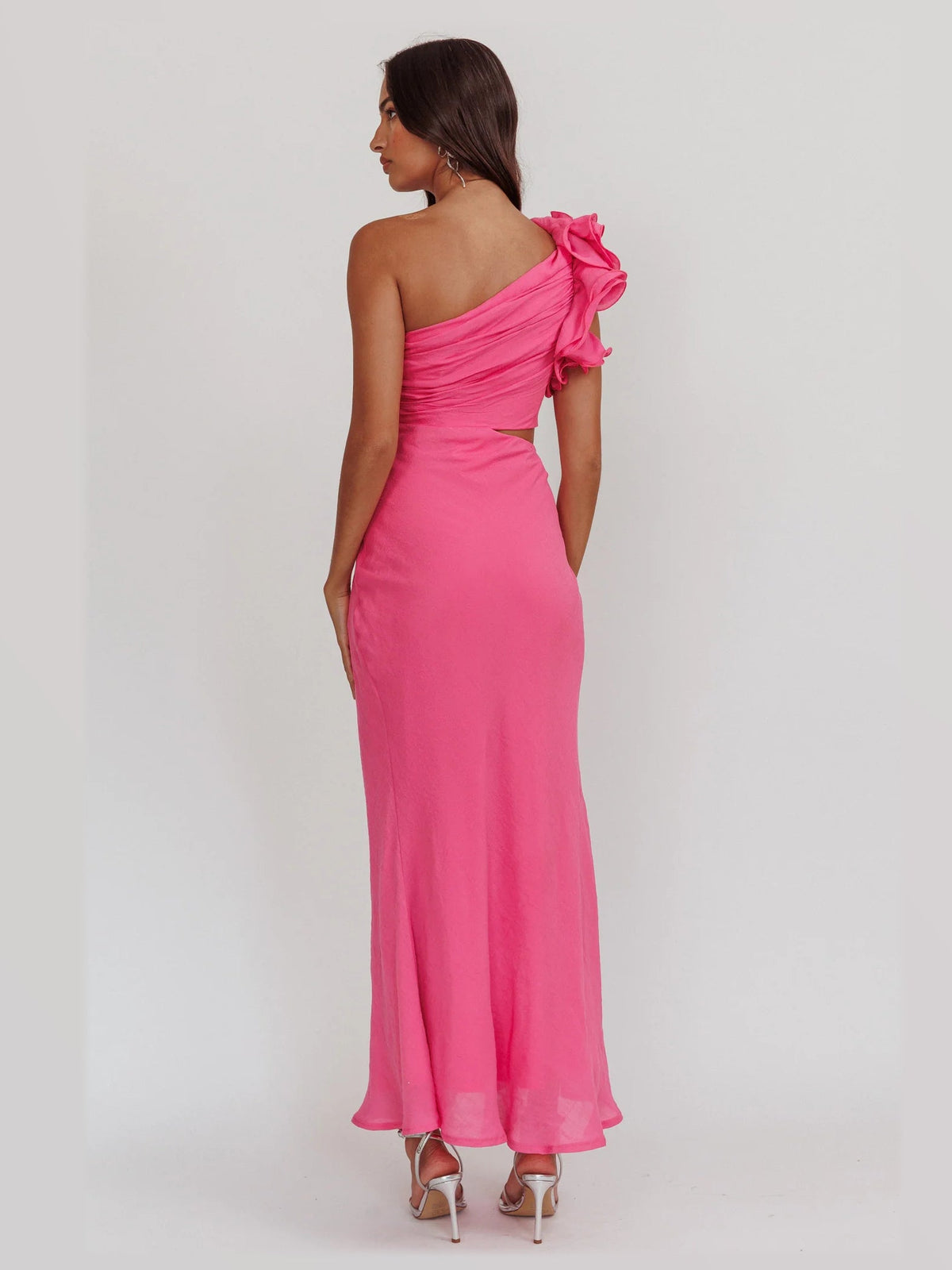 Hot Pink maxi formal dress, back full-length view showing the bodice
