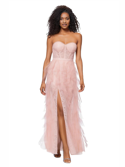 Blush pink strapless corset formal dress with layered tulle and long front slit