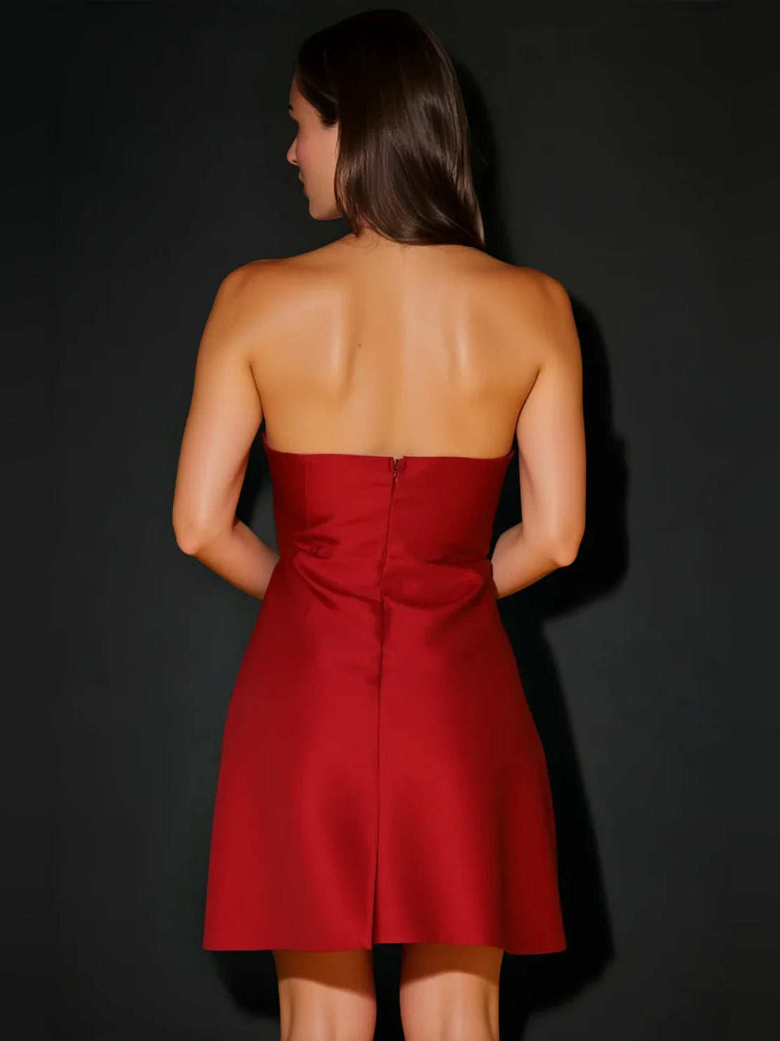 Red strapless A-line mini satin dress, open back with center seam
