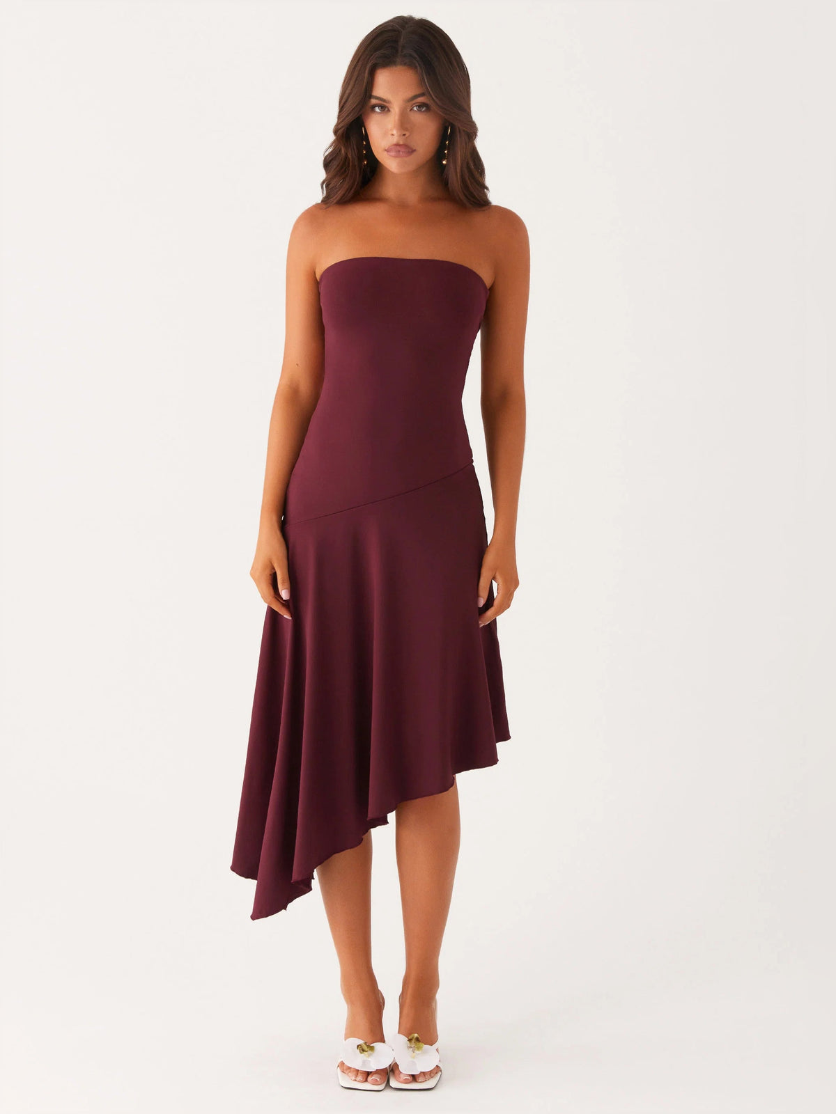Mulberry midi formal dress with strapless bodice and asymmetrical flared hem