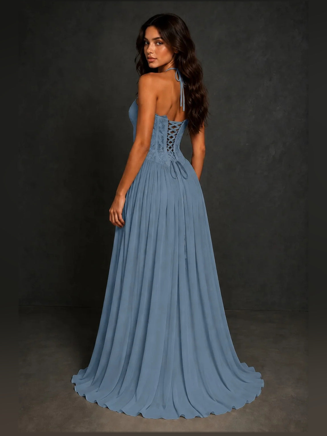 Dusty blue sweetheart A-line prom dress with lace overlay bodice and pleated skirt