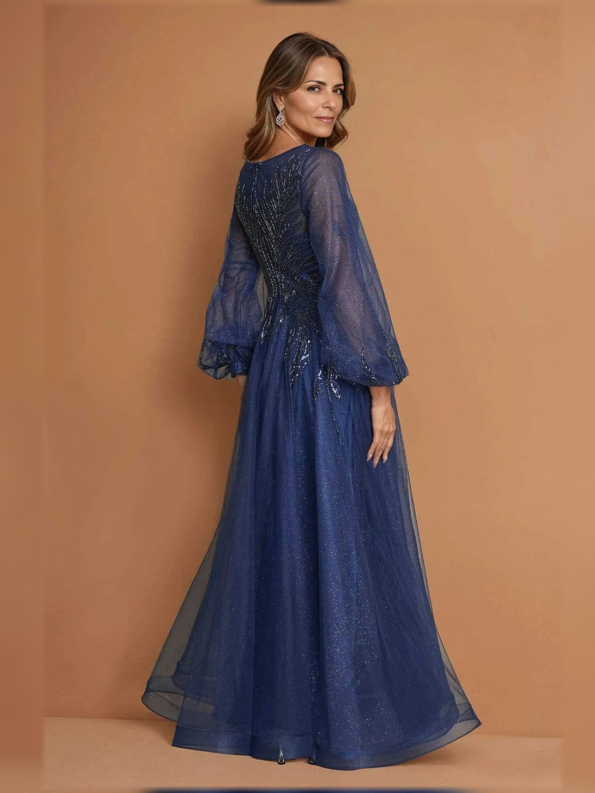 Navy blue A-line tulle maxi dress with beaded V-neck and sheer 3/4 sleeves