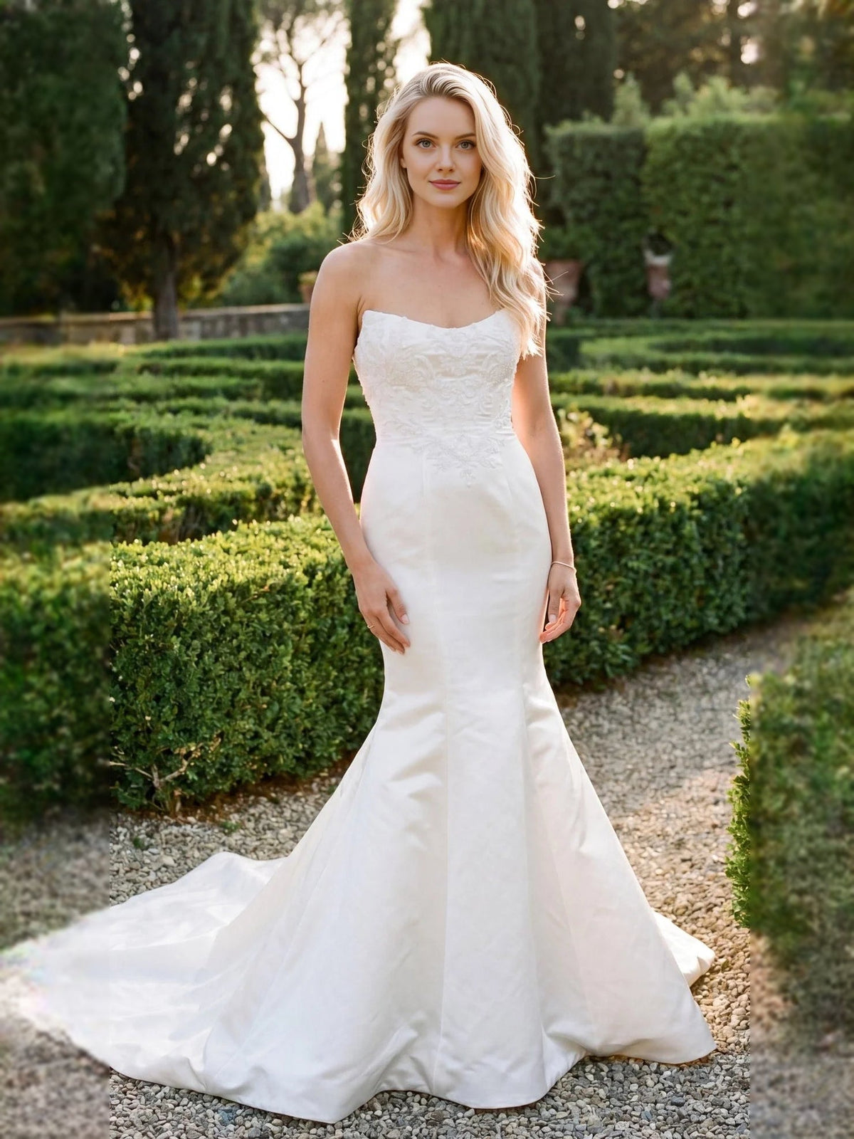 Ivory satin mermaid wedding dress with sweetheart bodice embroidery, spaghetti straps, hem train