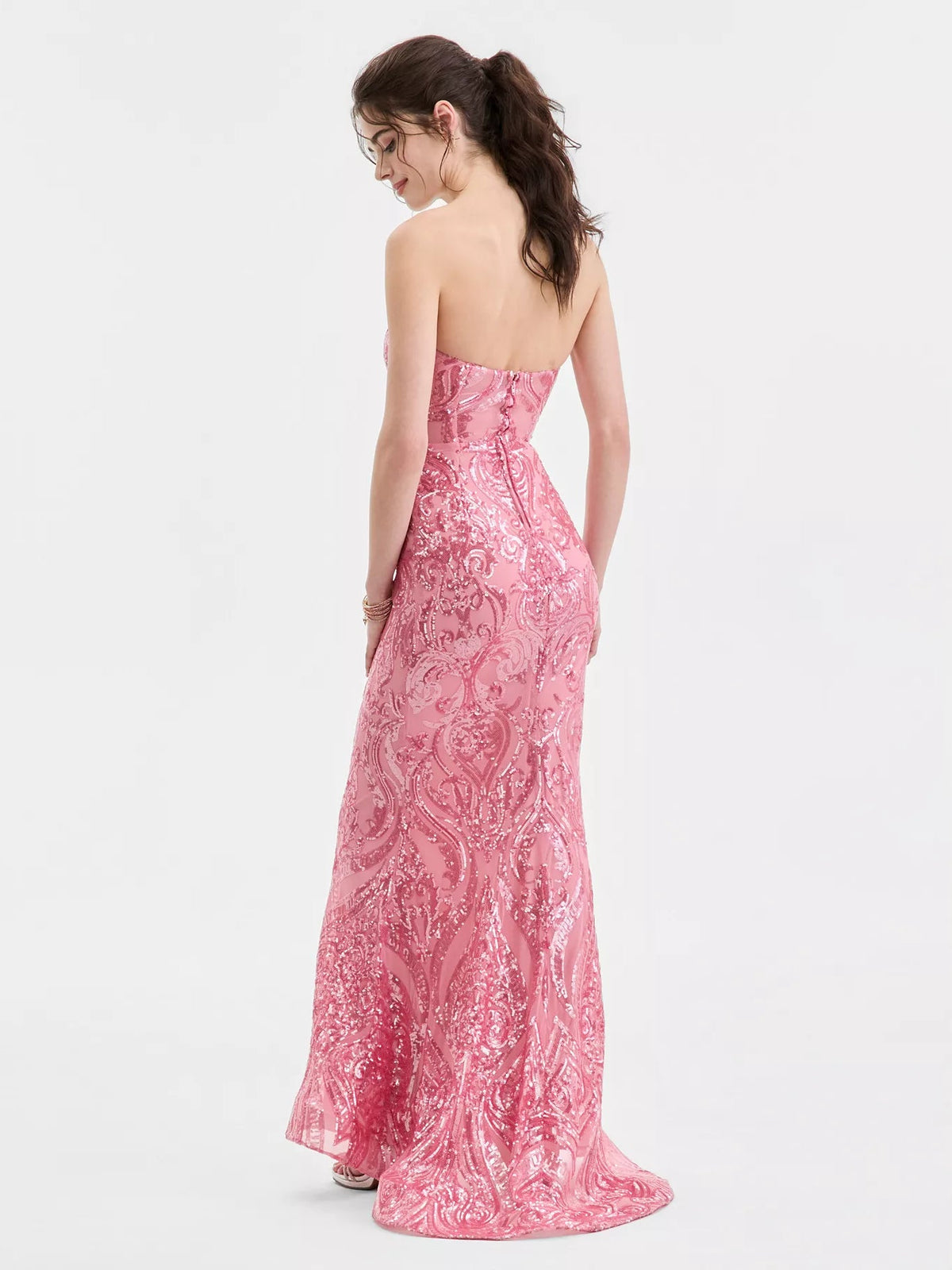 Coral sweetheart mermaid formal dress, open back, floral sequin print, floor-length