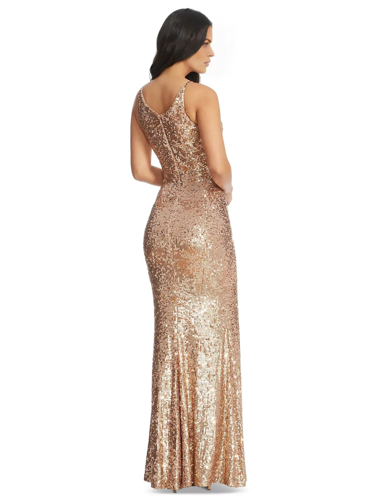 Gold sequin V-neck sleeveless floor-length formal dress with open back and slit