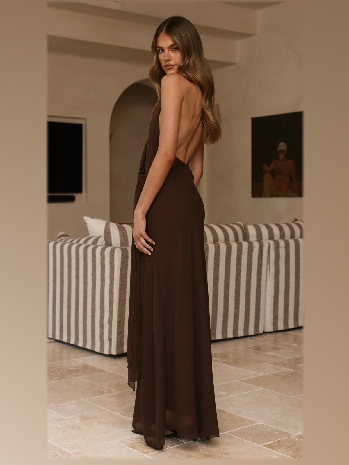 Chocolate maxi formal dress, back full-length view showing the bodice