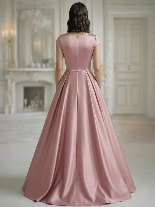 Dusty rose A-line formal dress, back view, floor-length with fitted waist