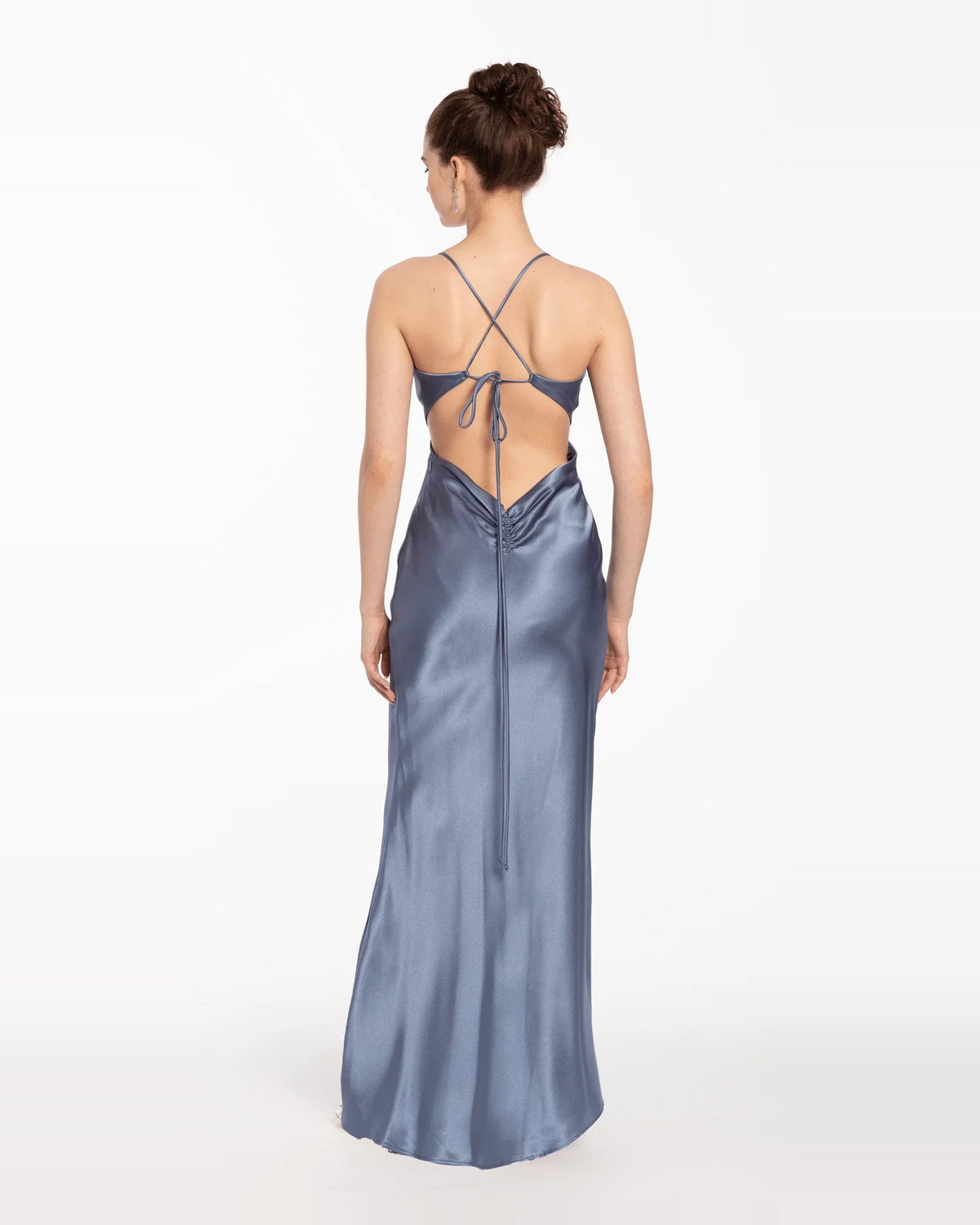 Blue satin column maxi prom dress with crisscross tie-back straps