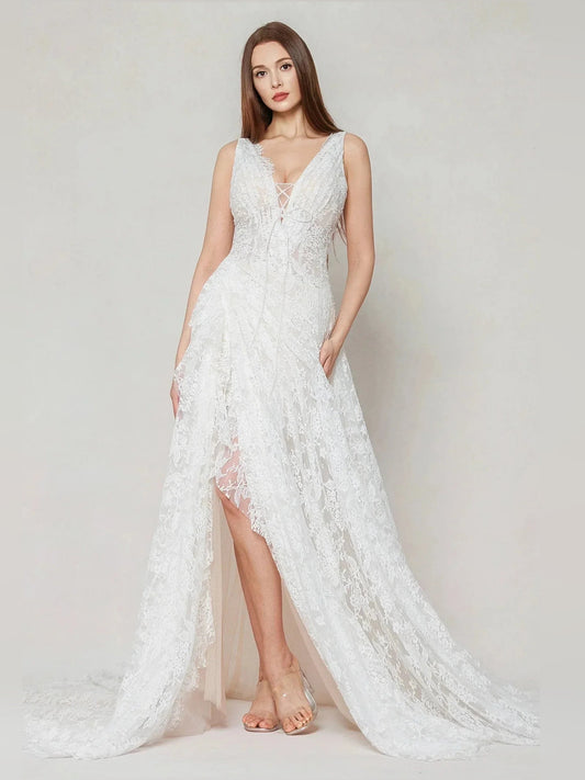 Ivory floral lace A-line wedding dress, V-neck, sleeveless, front slit