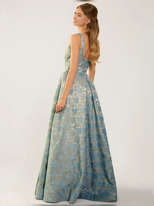 Floral print scoop neck corset formal dress, sleeveless fitted bodice, full skirt, blue/gold