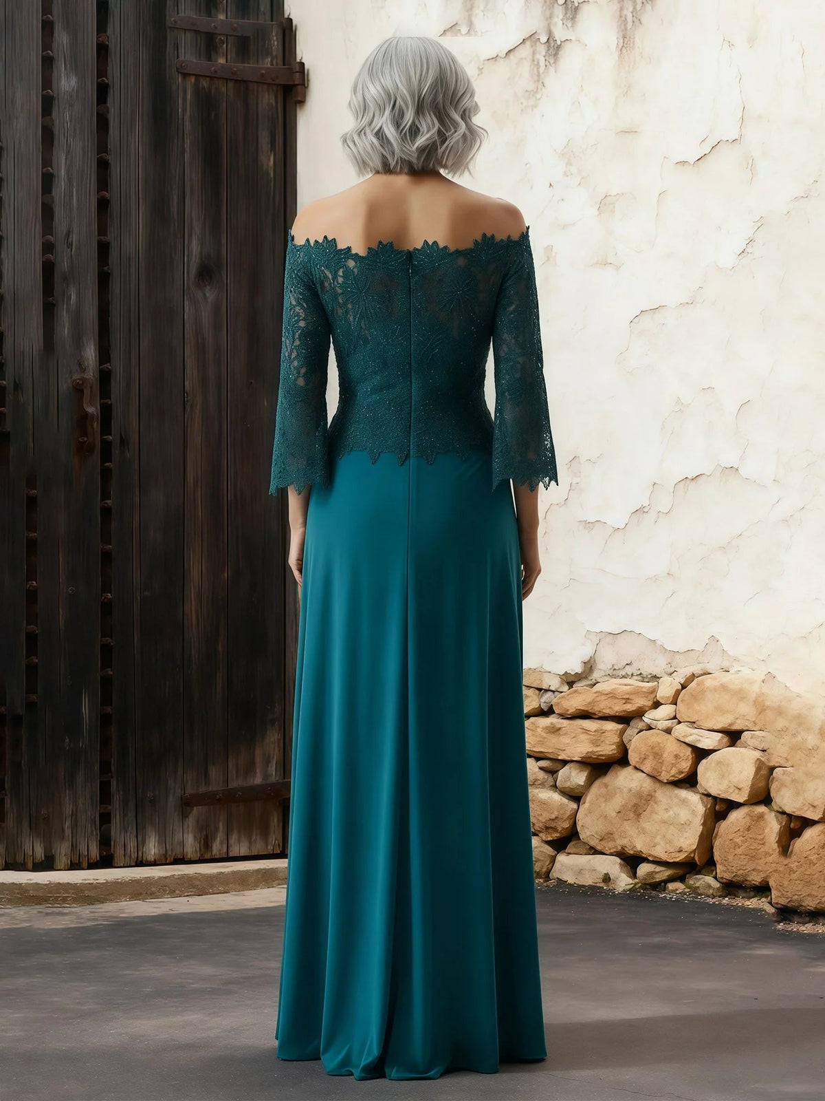Peacock teal off-shoulder sheath gown, back view with lace sleeves and long hem