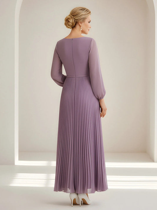 Lavender pleated A-line chiffon dress, boat neck, long sleeves, back view