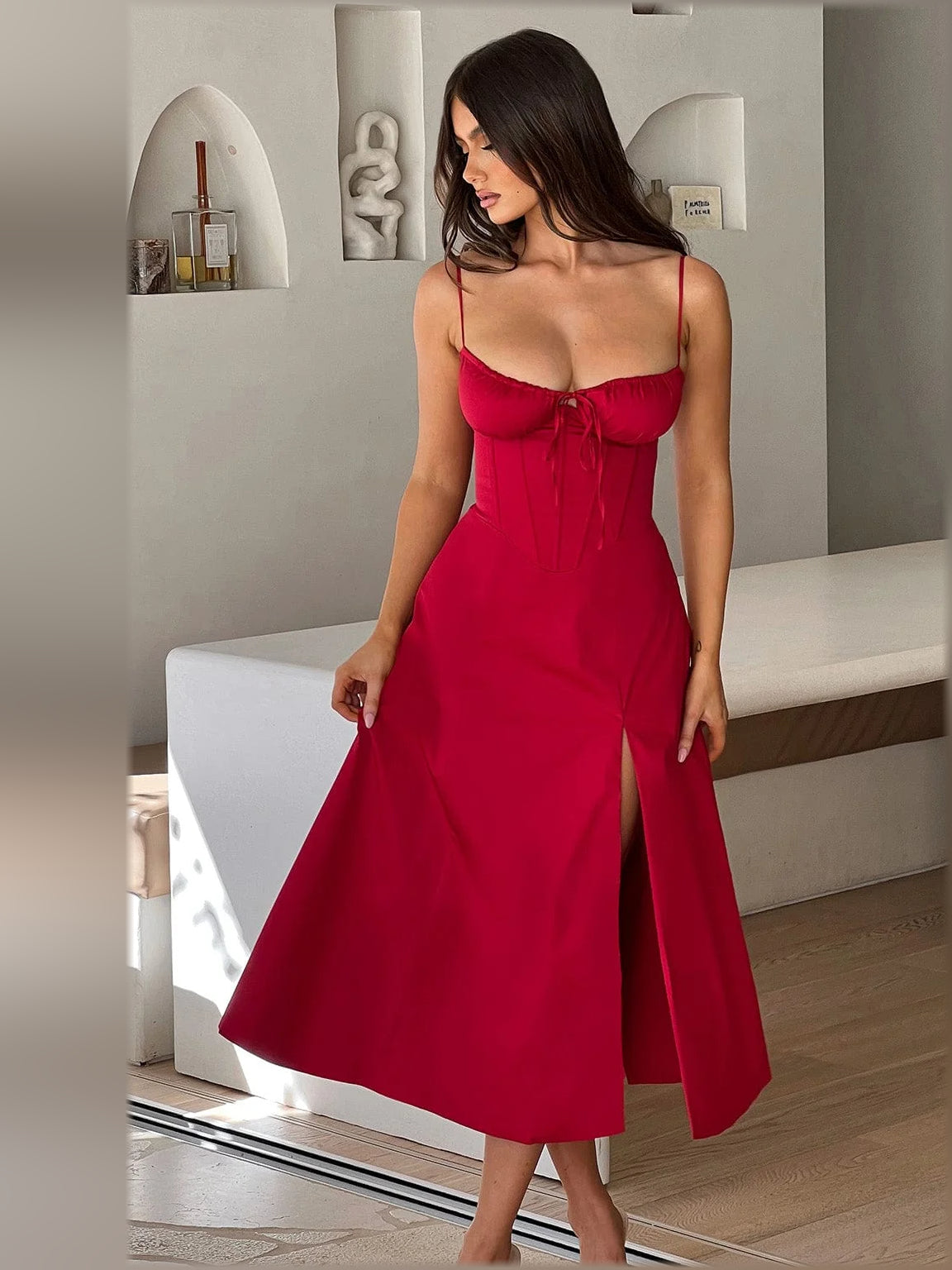 Red midi formal dress with sweetheart neckline, tie-detail bust, and high front slit