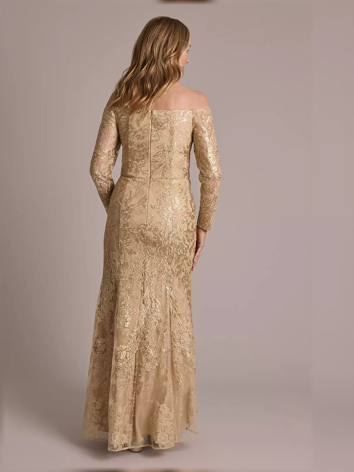 Gold off-shoulder mermaid maxi dress with floral sequin embroidery, back view