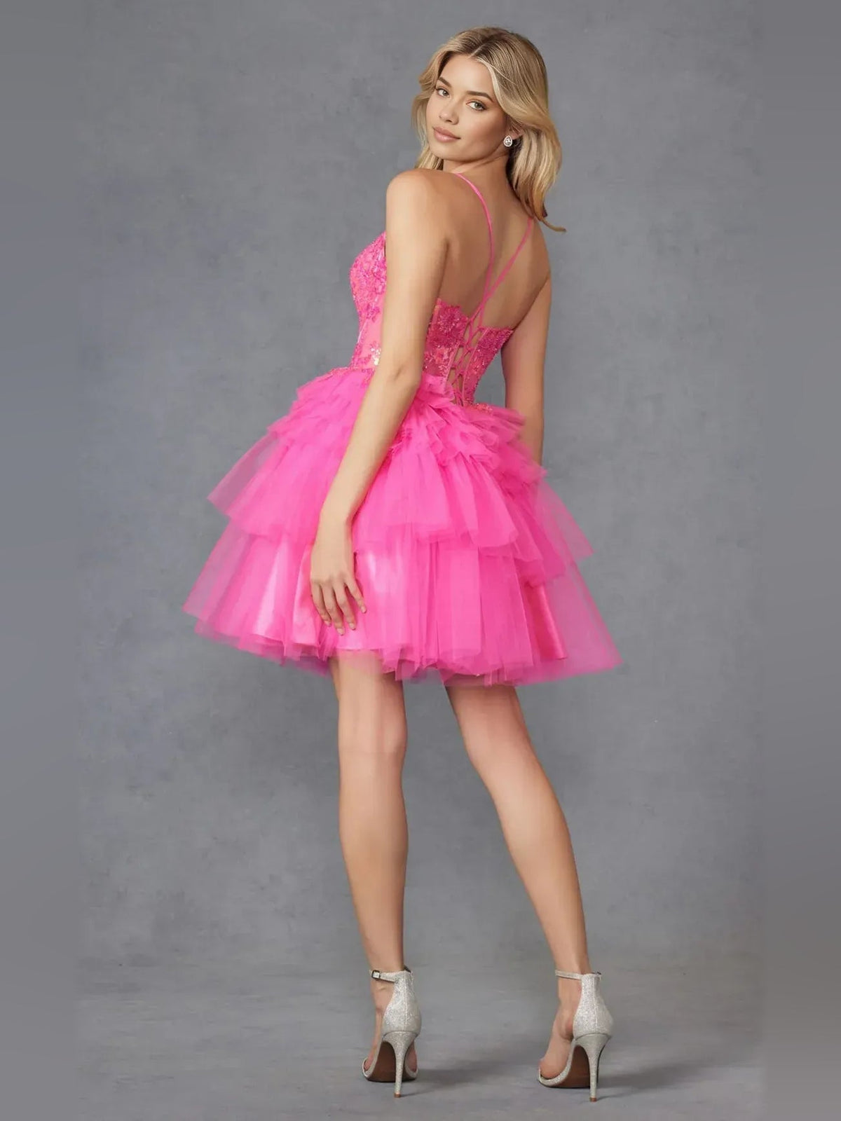 Hot pink tiered ruffle A-line short tulle dress with corset sweetheart bodice and straps