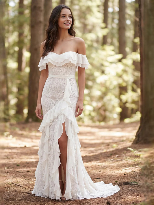 Ivory off-shoulder lace mermaid wedding dress with layered ruffle skirt and side slit
