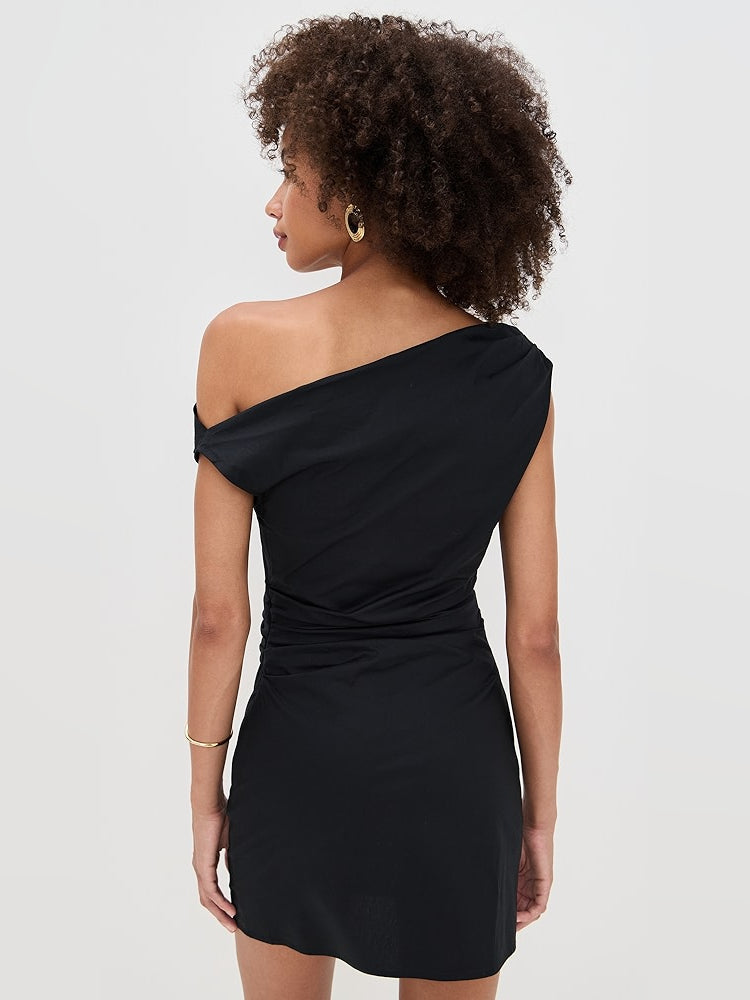 Black one-shoulder ruched mini dress, side view with gathered back detail