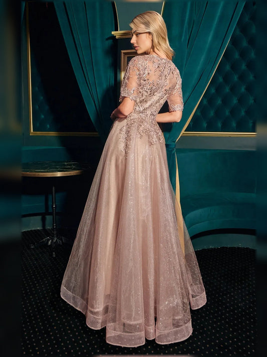 Mocha gold V-neck A-line lace floor-length formal dress, back view