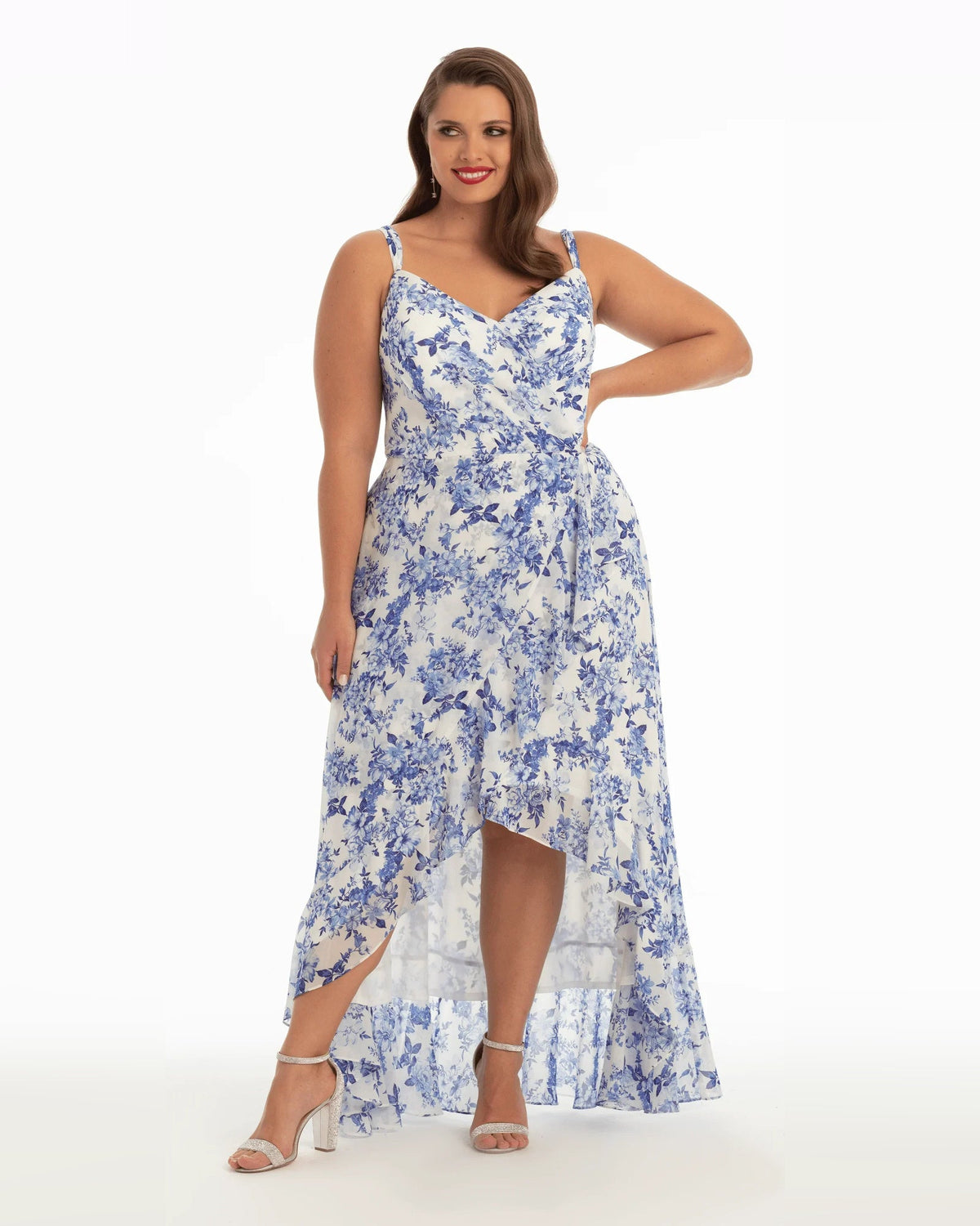 Blue floral print ruffle spaghetti-strap A-line high-low dress, side view