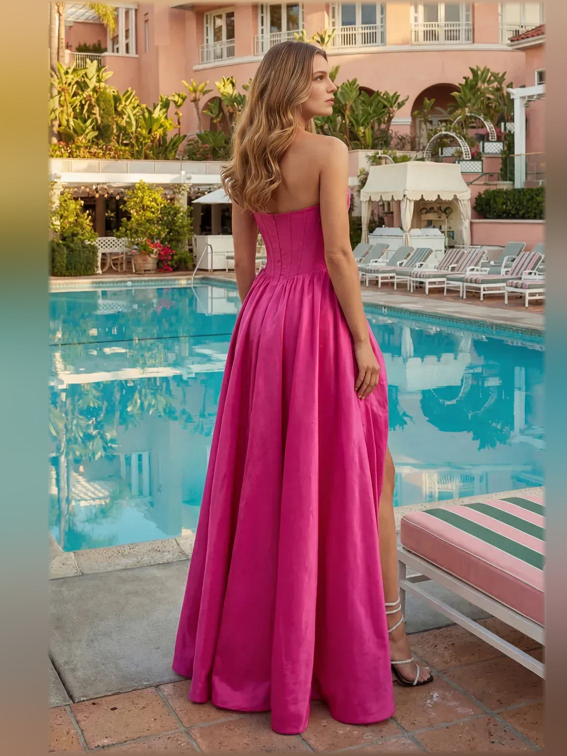 Fuchsia strapless corset formal dress with ruffled floor-length skirt