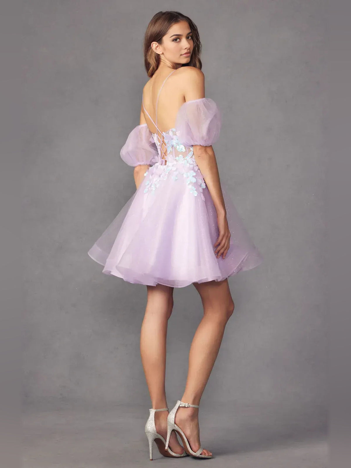 Lilac floral-applique corset V-neck short tulle A-line dress, open-back and puff sleeves
