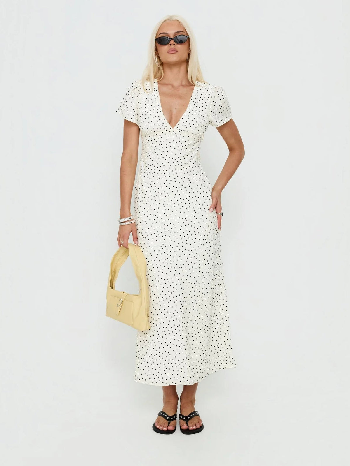 White Polka Dot formal dress with v neck neckline