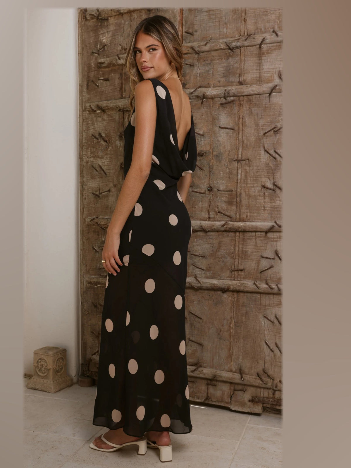 Black Cream Polka Dot maxi formal dress, back full-length view showing the bodice