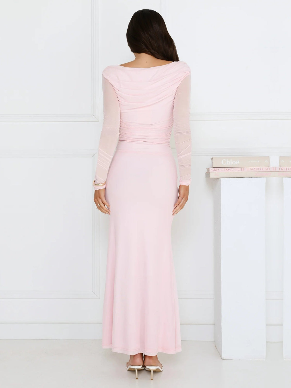 Pink sheath maxi formal dress with sheath, full-length back view