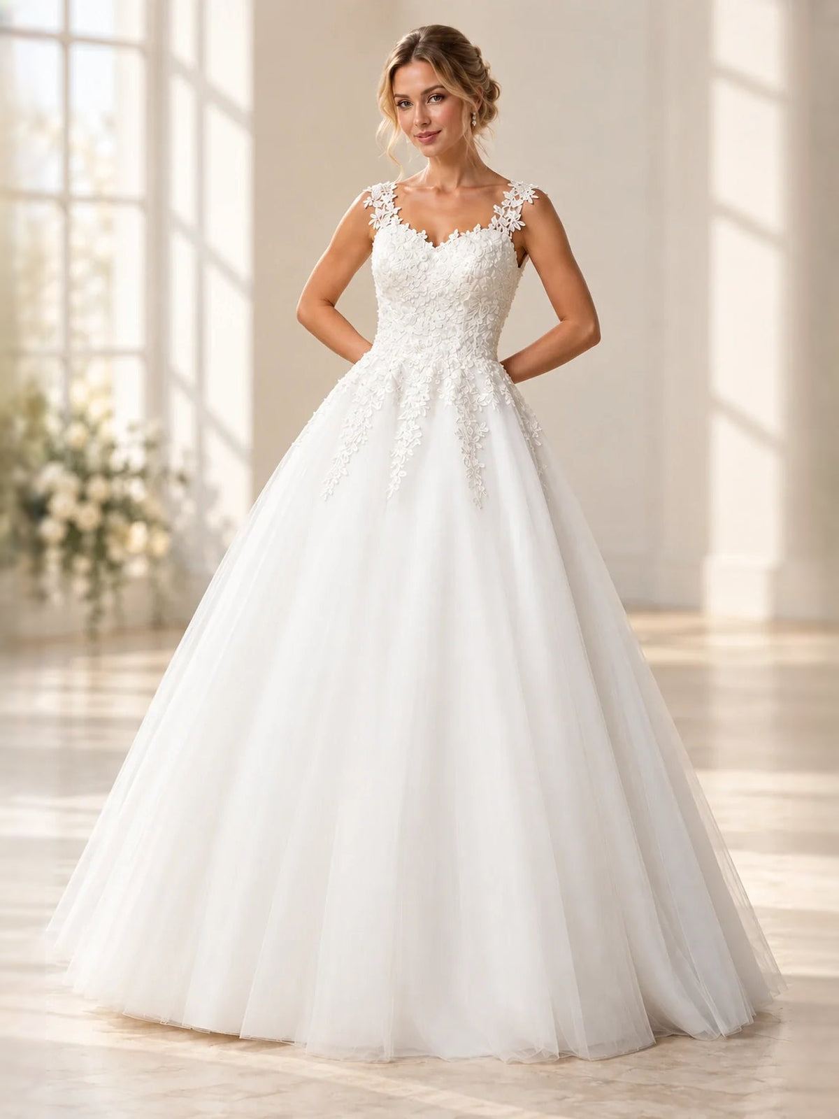 White sweetheart corset wedding gown with floral lace neckline and flowing tulle A-line