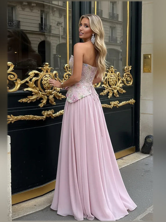 Dusty pink sweetheart formal dress, floral beading bodice and flowing pleated skirt