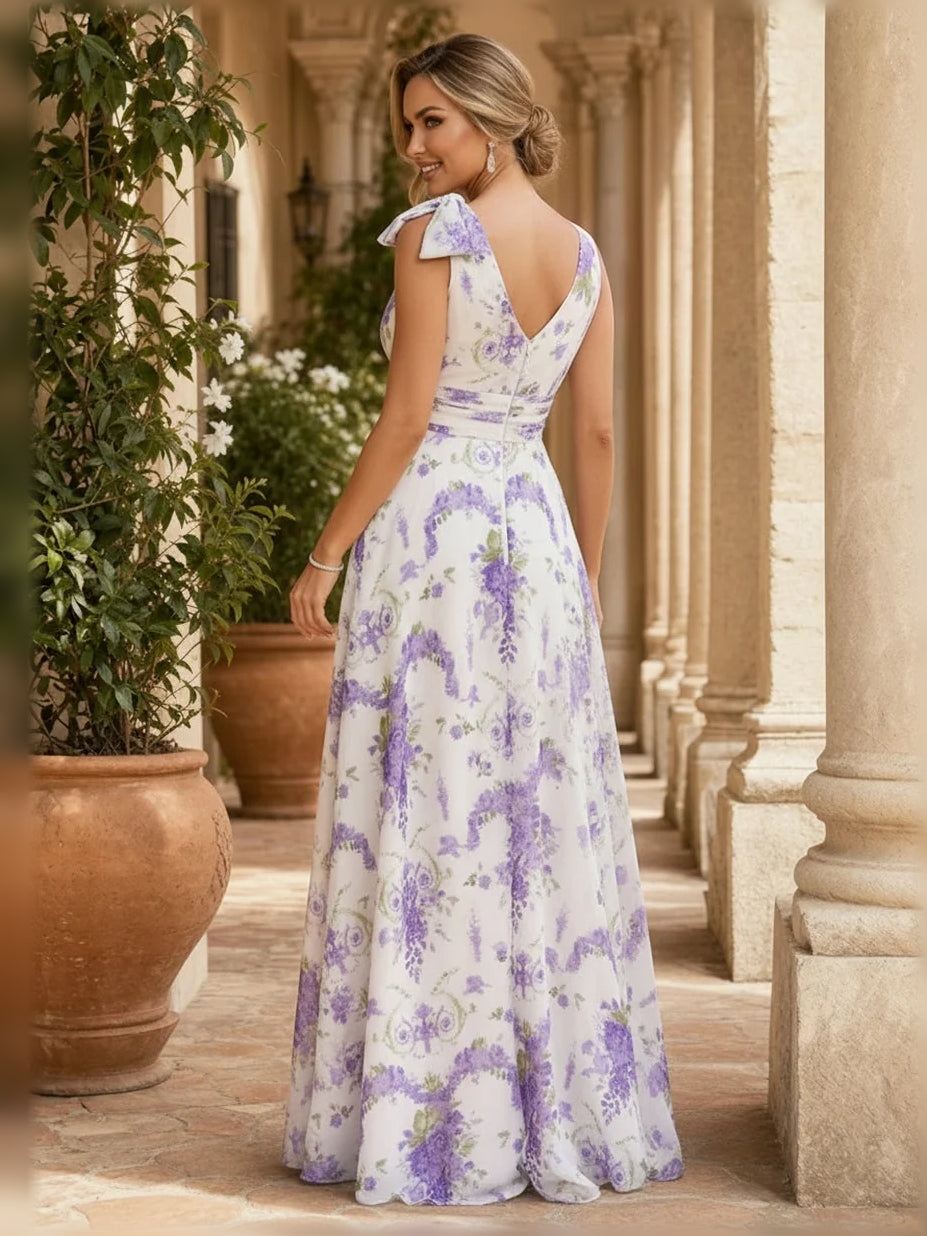 Floral chiffon A-line dress with V-back, ruched waist, cap sleeves, and long lavender print