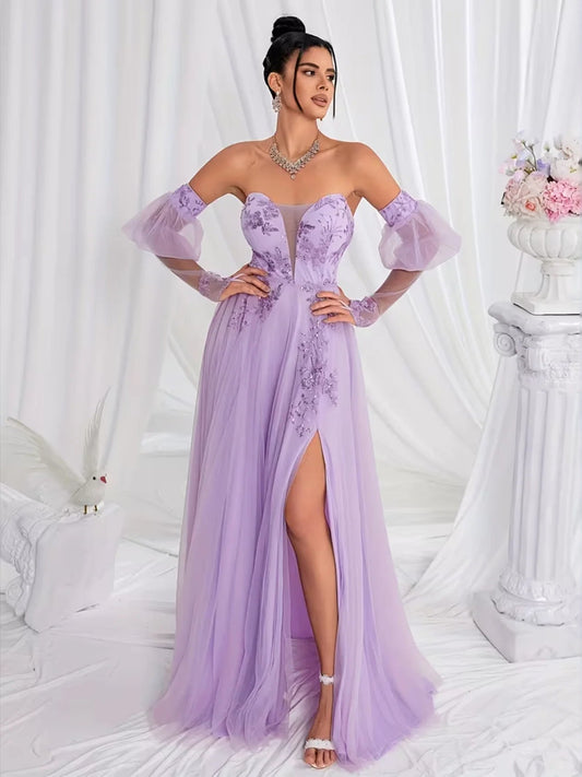 Lilac off-shoulder A-line maxi prom dress with corset bodice and front slit