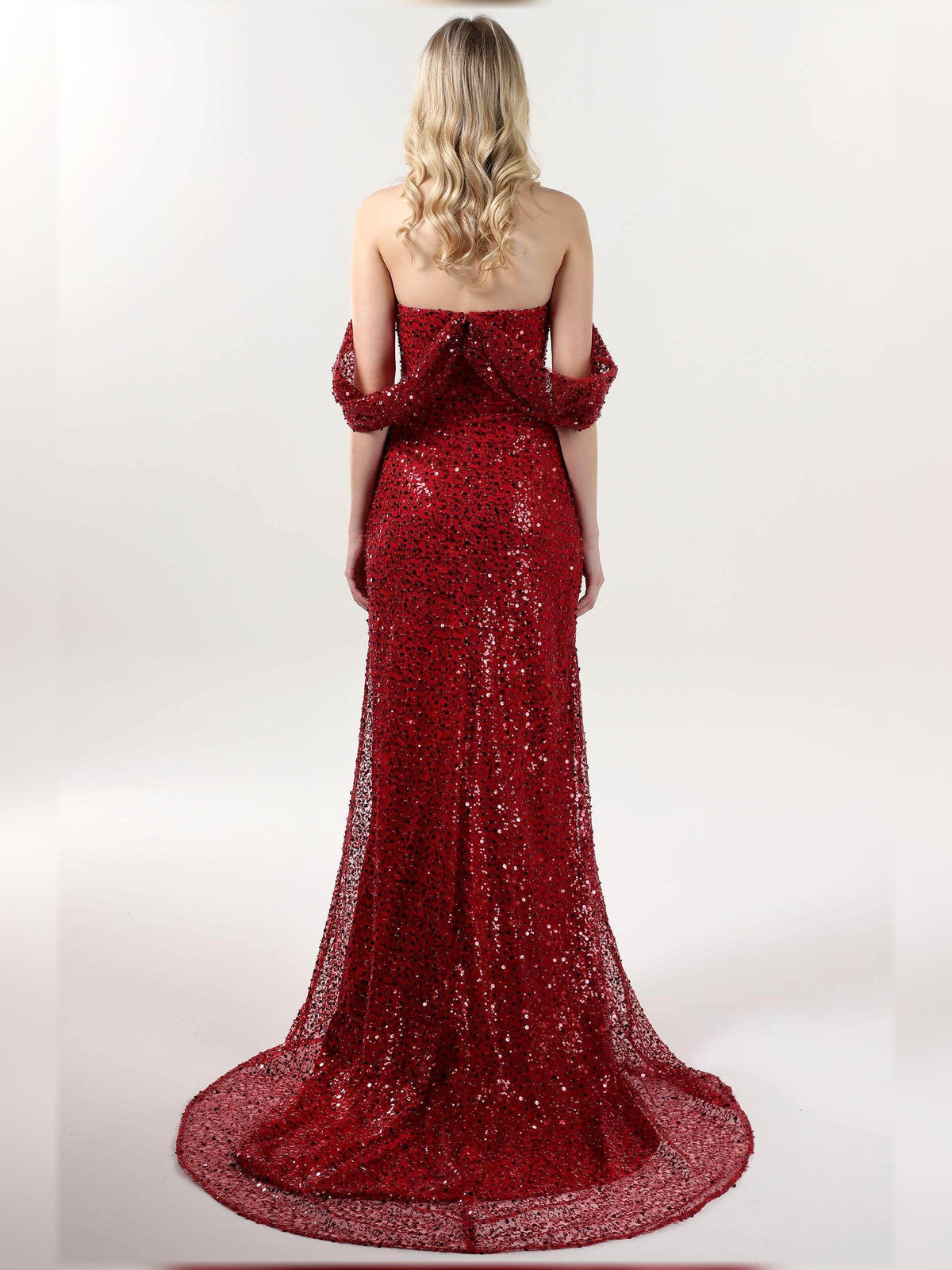 Deep red back view off-shoulder sequin sheath formal dress, floor length