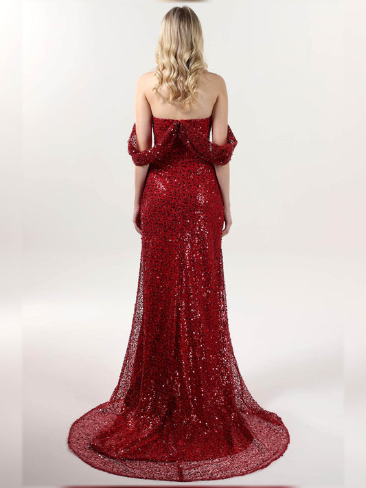 Deep red back view off-shoulder sequin sheath formal dress, floor length