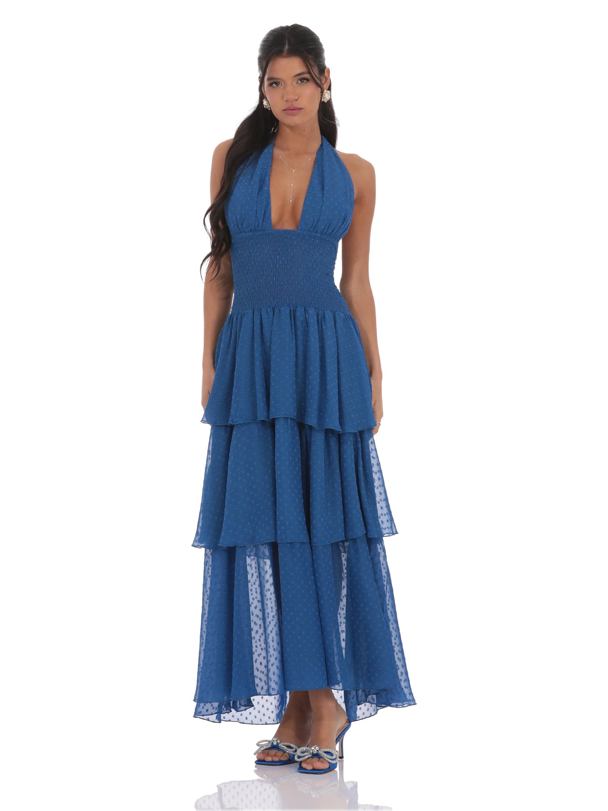 Blue bridesmaid dress with halter neck neckline