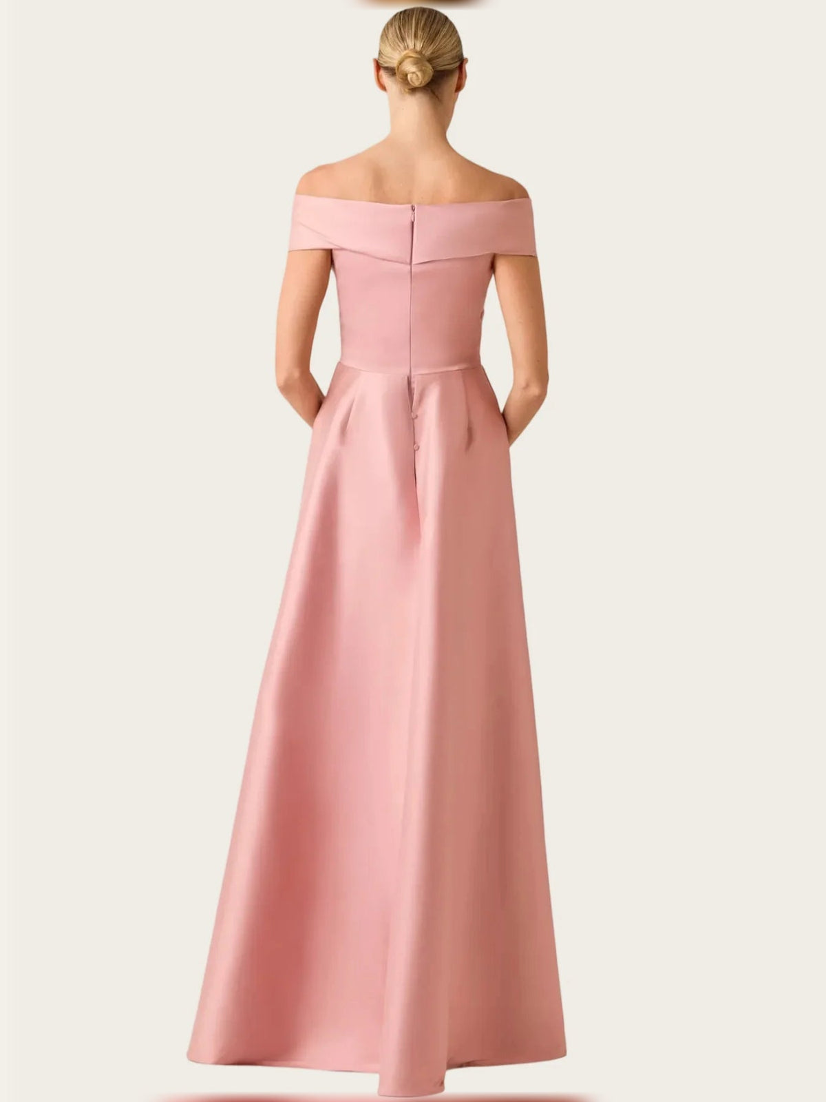 Dusty rose satin A-line maxi gown, off-shoulder back view with fitted waist