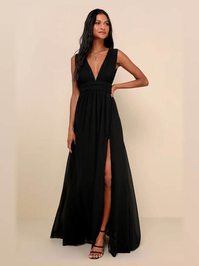 Black formal dress with a-line silhouette