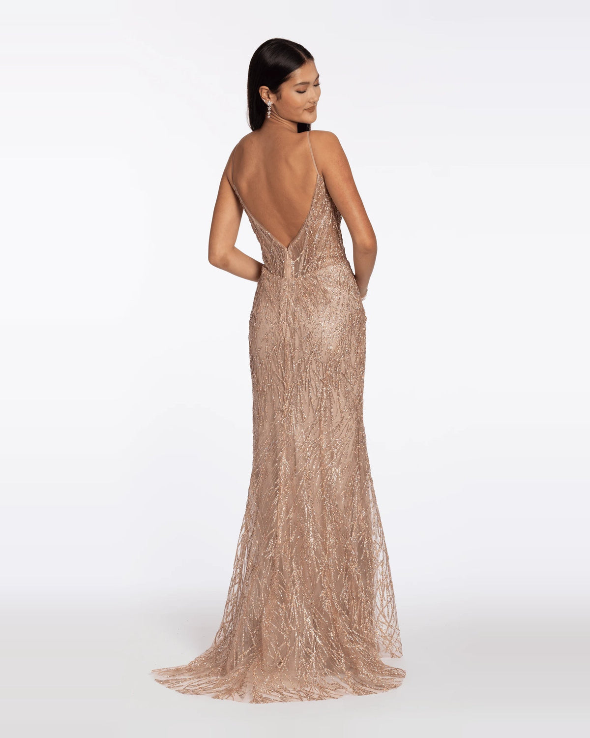 Beige glitter sequin corset trumpet maxi prom dress, open-back view, spaghetti straps