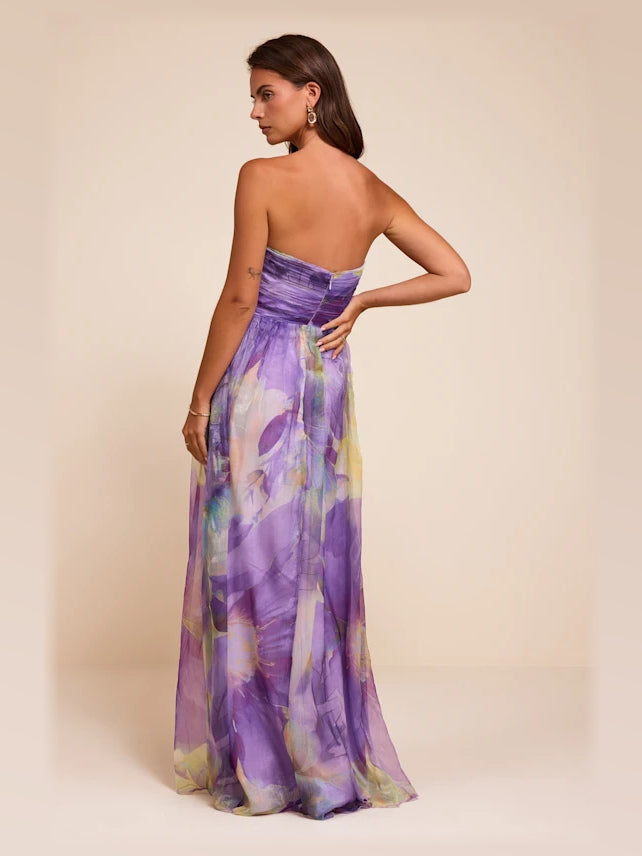 Purple Multi Floral formal dress with strapless neckline